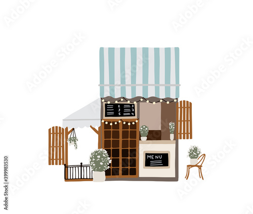 The facade of a restaurant in Europe. Nice and cozy cafe.