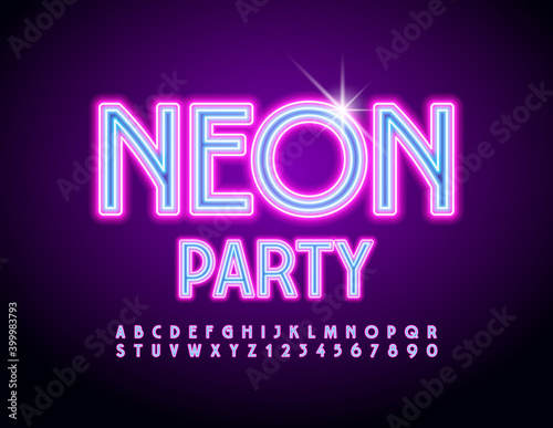 Vector event flyer Neon Party. Bright glowing Font. Illuminated light Alphabet Letters and Numbers set