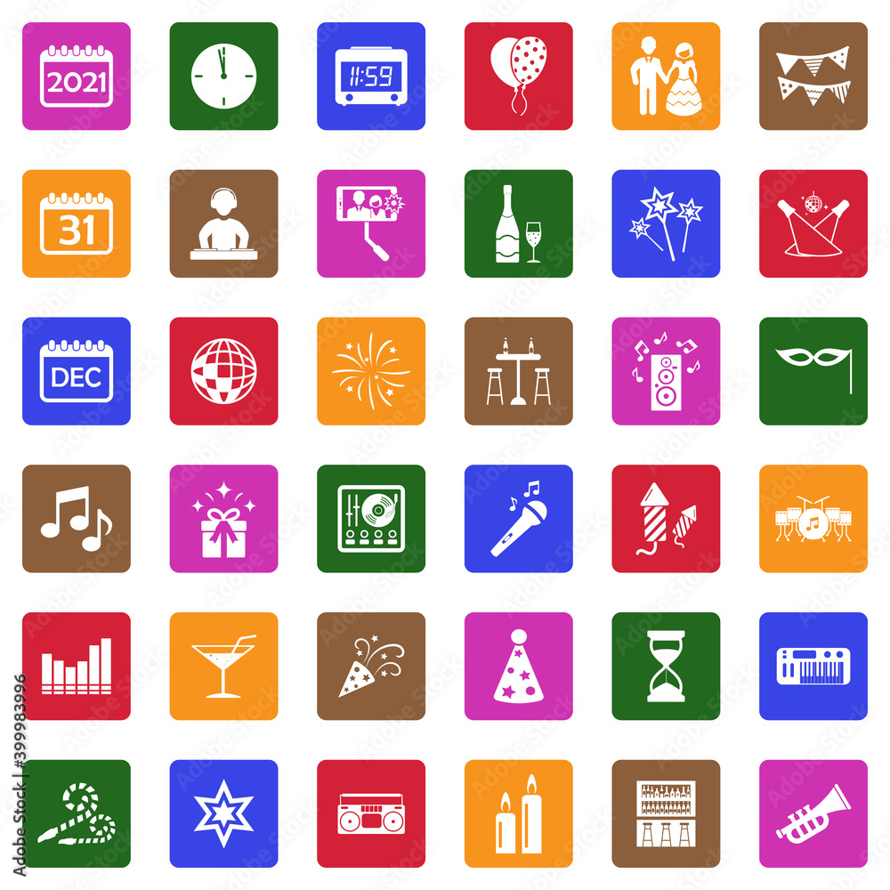 New Year Icons. White Flat Design In Square. Vector Illustration. New Year Icons. White Flat Design In Square. Vector Illustration.