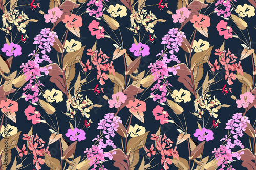 Floral pattern. Vector seamless background with wild flowers and herbs. Pink, yellow, purple flowers with stems and leaves isolated on a dark blue background.