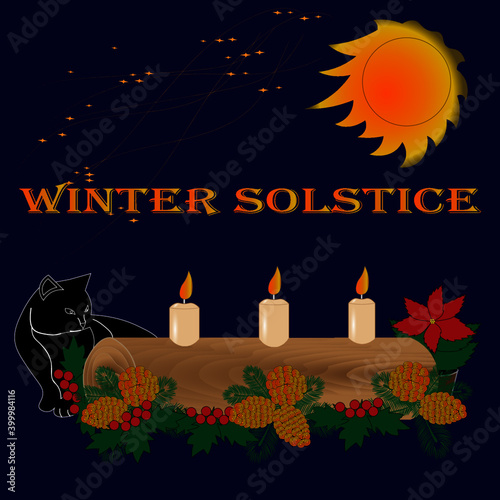Winter solstice or Yule card. Black cat is looking at the traditional Yule log with three candles. 