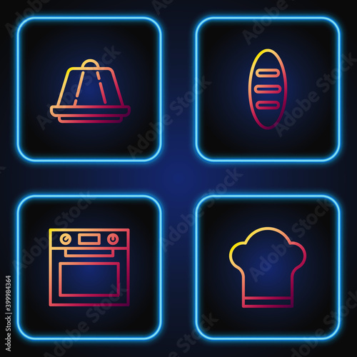 Set line Chef hat, Oven, Pudding custard and Bread loaf. Gradient color icons. Vector.