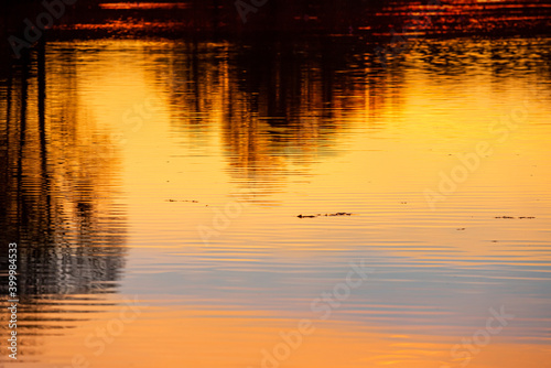 Reflection of sunset lights on calm water.