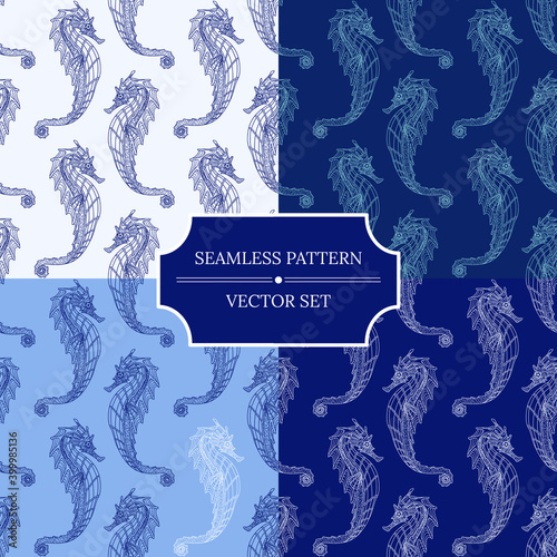 Set of seamless patterns with seahorse. Collection of vector illustrations for designing posters, cards, prints, stickers, wallpaper, fabric, textile, gift paper, scrapbooking 