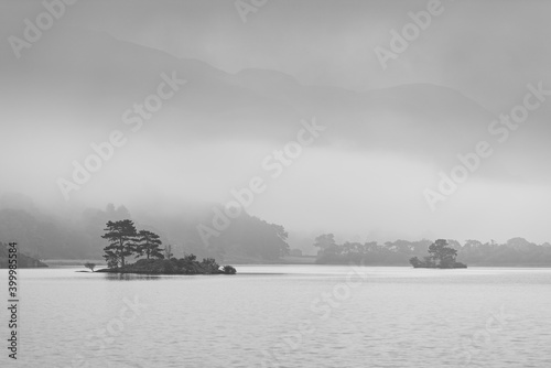 Small island with trees on Ullswater in the Lake District. Taken on a dull misty morning. Black and white landscape photography.