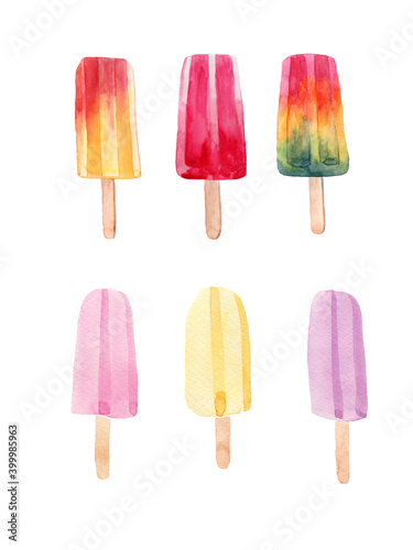 Watercolor illustration set of ice cream popsicles on a stick