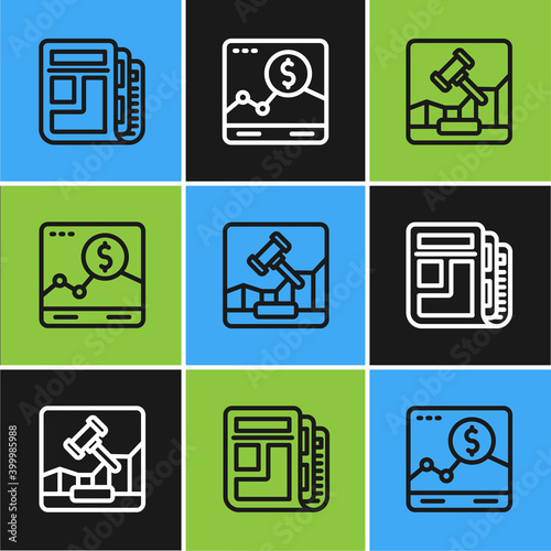 Set line Stock market news, Online internet auction and Website with growth graph icon. Vector.