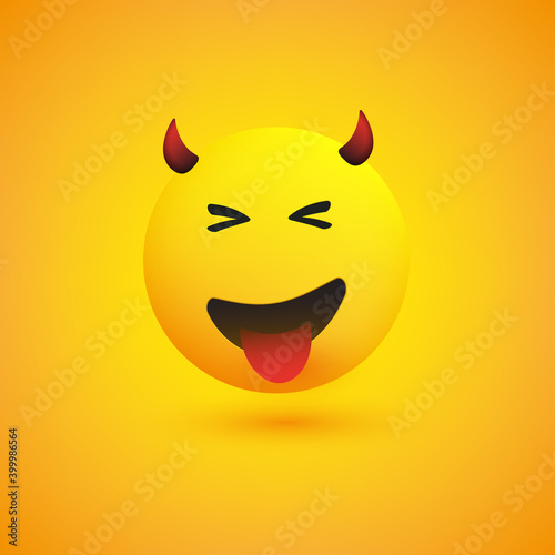 Smiling Evil Face with Stuck Out Tongue - Simple Happy Emoticon on Yellow Background - Vector Design