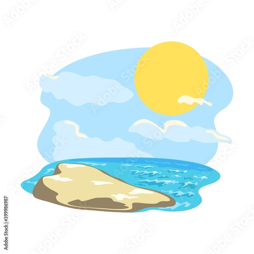 Yellow sand, blue sky and shining sun over ocean, paradise. Vector summertime travel, heaven, wild nature landscape, vacation, freedom design isolated on white background