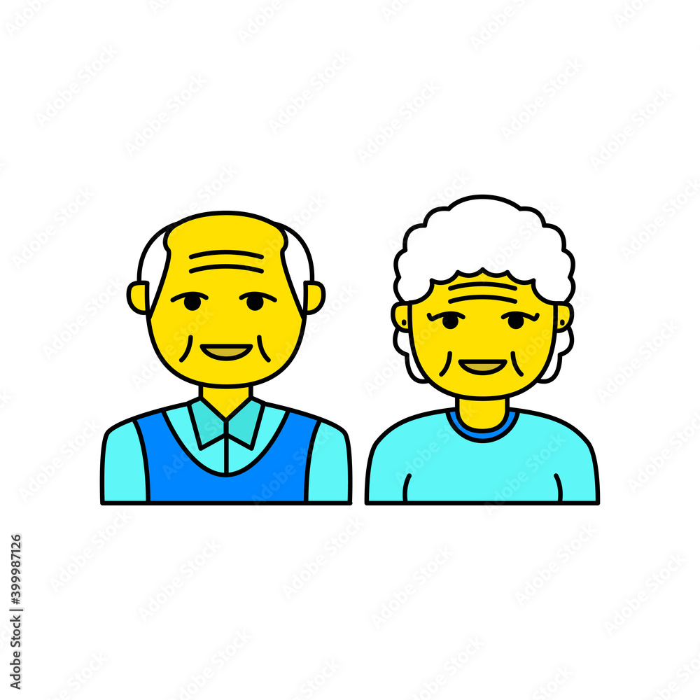 Simple old couple avatar vector illustration isolated on white background. Linear color style of grandparents icon Simple old couple avatar vector illustration isolated on white background. Linear color style of grandparents icon