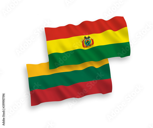 National vector fabric wave flags of Lithuania and Bolivia isolated on white background. 1 to 2 proportion.