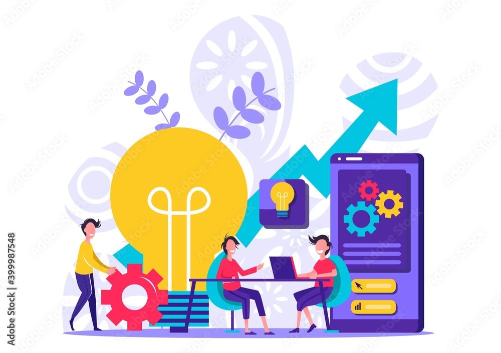 Business Team working on big project. Teamwork, communication, interaction, business process, agile project management concept. Tiny people illustration. Vector illustration Business Team working on big project. Teamwork, communication, interaction, business process, agile project management concept. Tiny people illustration. Vector illustration