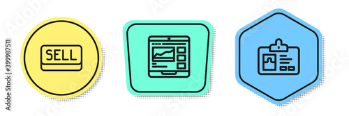 Set line Sell button, Trading courses and Identification badge. Colored shapes. Vector.