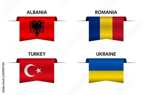Free Download Set of four Albanian, Romanian, Turkish and Ukrainian ribbons. Made in Albania, Made in Romania, Made in Turkey and Made in Ukraine stickers and labels. Vector simple icons with flags - GFXLoad