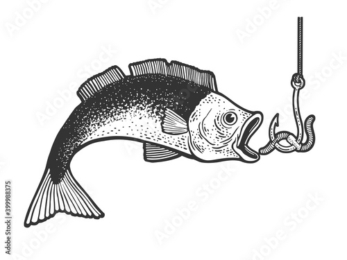 fish catch bait worm on hook fishing sketch engraving vector illustration. T-shirt apparel print design. Scratch board imitation. Black and white hand drawn image.