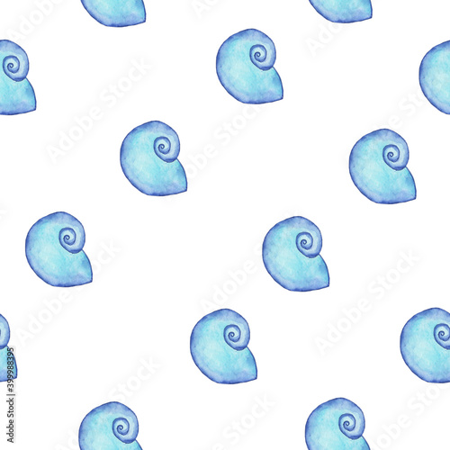 Blue shell in seamless pattern on white background. Watercolor hand drawing illustration. Perfect for marine textile, digital paper, wallpaper, print. Repeat texture of sea shell.