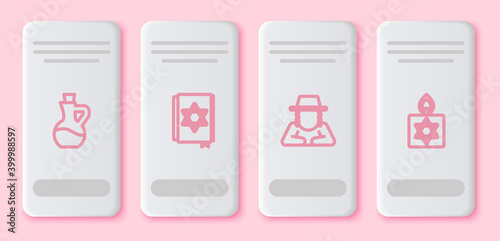 Set line Bottle of olive oil, Jewish torah book, Orthodox jewish hat and Burning candle. White rectangle button. Vector.