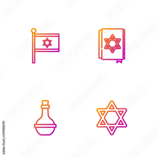 Set line Star of David, Jewish wine bottle, Flag Israel and torah book. Gradient color icons. Vector.