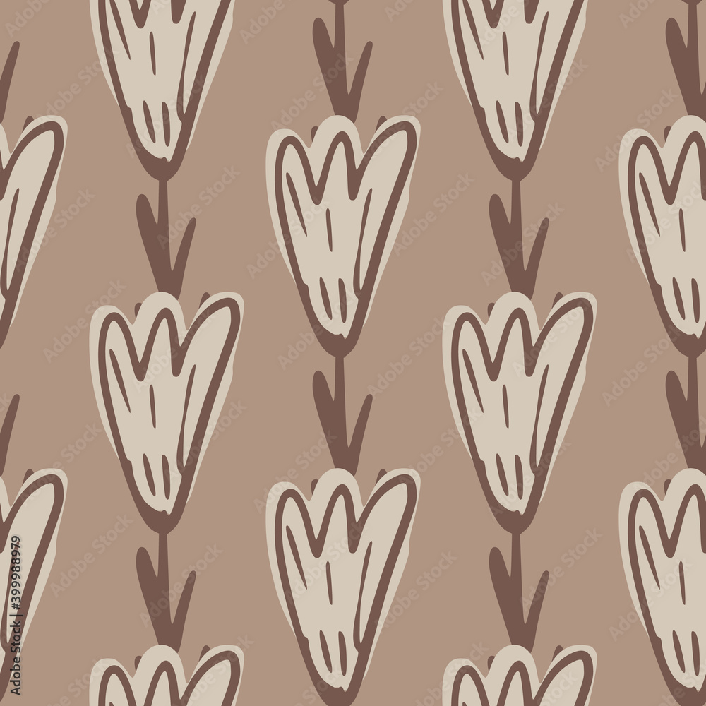 Abstract seamless doodle pattern with hand drawn outline beige colored tulip flowers print. Abstract seamless doodle pattern with hand drawn outline beige colored tulip flowers print.
