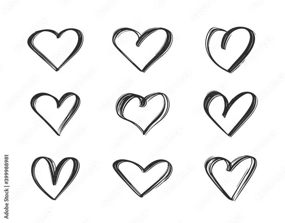 Vector Black outline Hand drawn set of hearts.