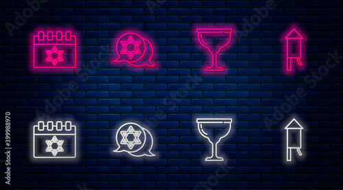 Set line Star of David, Jewish goblet, calendar and Firework rocket. Glowing neon icon on brick wall. Vector.