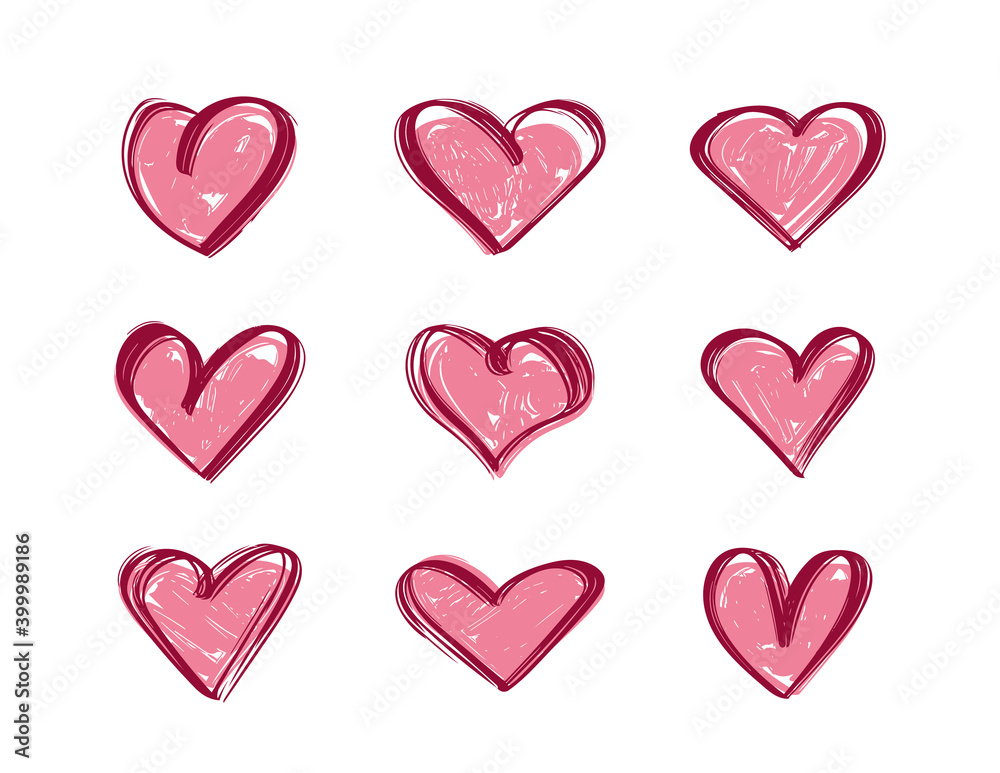 Vector Red Hand drawn set of hearts.