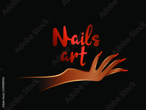 Nails art salon vector logo.Illustration of Afro American woman hand with elegant, beautiful manicure.Cosmetics, beauty, spa and style icon isolated on dark background.Shiny bright nail polish.
