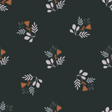 Minimalistic seamless pattern with folk botanical ornament. Dark navy blue background. Nature backdrop.