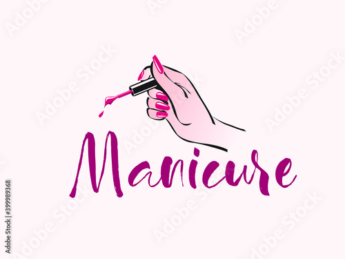 Nails art salon vector logo.Illustration of woman hand with elegant, beautiful manicure.Cosmetics, beauty, spa and style icon isolated on light background.Red nail polish.Dripping paint brush.