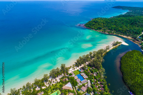 Sea beach with resort resident and coconut palm tree aerial view © themorningglory