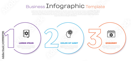 Set line Jewish torah book, Orthodox jewish hat and calendar. Business infographic template. Vector.