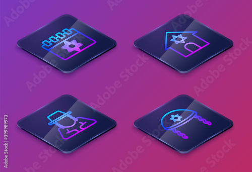 Set Isometric line Jewish calendar, Orthodox jewish hat, synagogue and kippah. Blue square button. Vector.