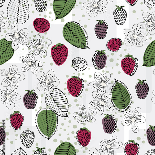 Vector Purple and Pink Berries, Green Leaves and White Blooms on White Background Seamless Repeat Pattern. Background for textiles, cards, manufacturing, wallpapers, print, gift wrap and scrapbooking.