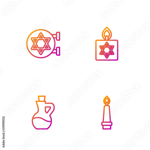 Set line Burning candle, Bottle of olive oil, Jewish synagogue and . Gradient color icons. Vector.