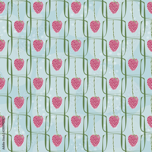 Vector Pink Berries in Green Rectangles on Blue Background Seamless Repeat Pattern. Background for textiles, cards, manufacturing, wallpapers, print, gift wrap and scrapbooking.
