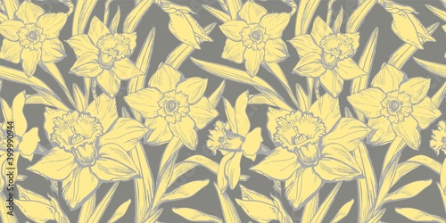 Calm Yellow Closeup Daffodils, Narcissus Drawn by Hand on Ultimate Gray Background. Floral seamless pattern with silhouettes of narcissus flowers in full bloom for textile, wallpaper, bedding.