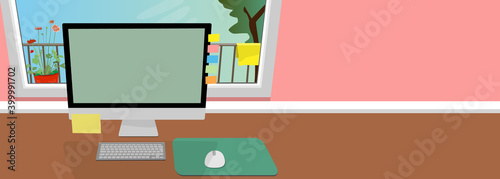 Desktop PC and sticky notes on a window desk. landscape, mockup, mouse, keyboard, workplace, vector illustration, graphic, copy space, scenery, workplace, mockup,