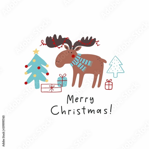 Christmas print with cute deer, Christmas tree, gifts. Magical Christmas 2021 - vector illustration