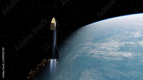 SpaceX Concept Spacecraft in orbit of the Earth. SpaceX Elon Musk Mars programm 3d render photo