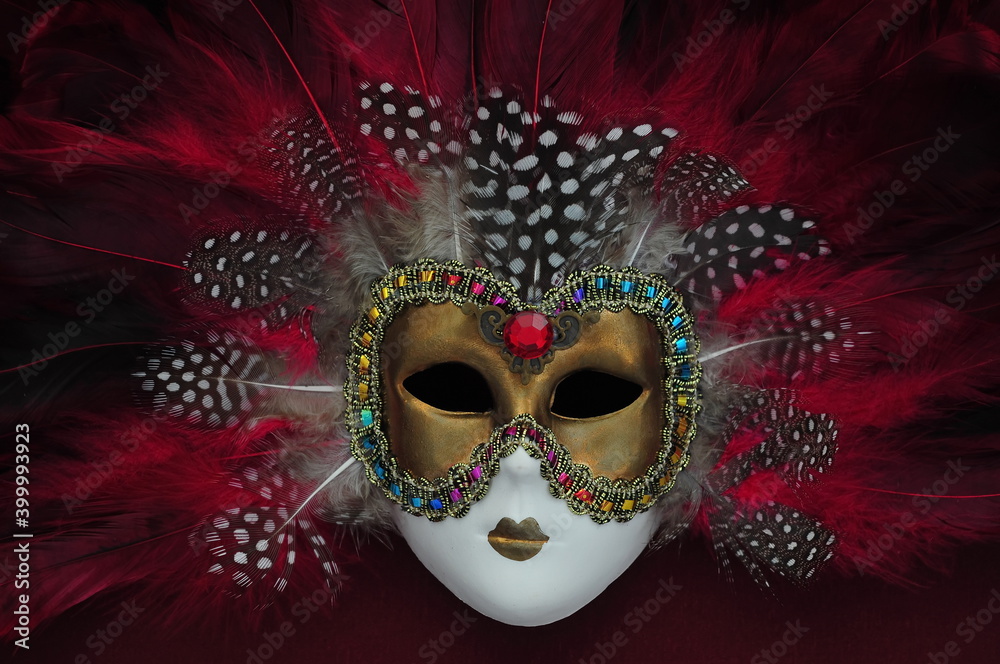 Venetian red carnival mask with feathers
