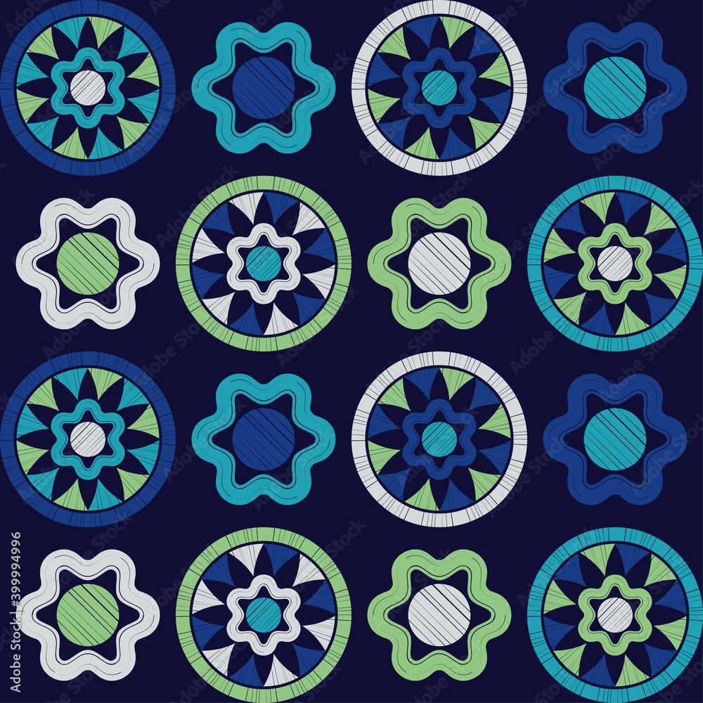 Polka dots seamless pattern. Mosaic of ethnic figures. Patterned texture. Geometric background. Vector illustration for web design or print. Polka dots seamless pattern. Mosaic of ethnic figures. Patterned texture. Geometric background. Vector illustration for web design or print.