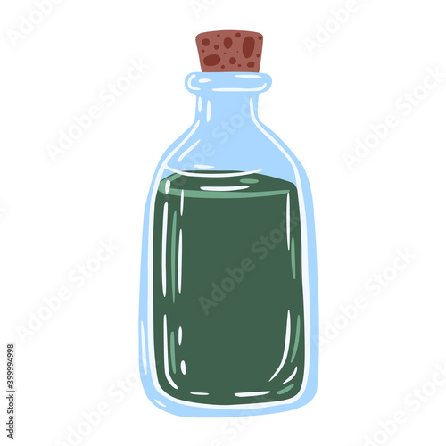 Bottles of elixir isolated on white background. Vintage witch flask color green .