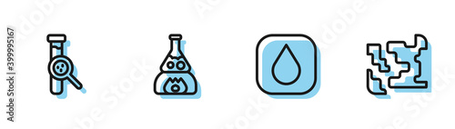 Set line Water drop, Test tube and flask, on fire and Gaseous icon. Vector.