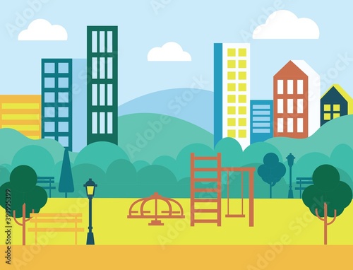 Public space with lawn and trees for walking and relaxingpark in the city with children playground. Vector urban landscape background illustration.