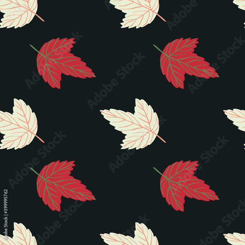 Minimalistic simple nature seamless pattern with light yellow and red leaves. Dark background.