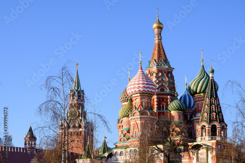 View of the Kremlin's Spasskaya Tower and St. Basil's Cathedral, Moscow, Russian Federation, December 05, 2020