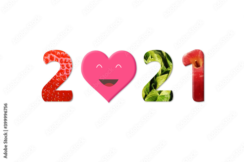 2021 Happy New Year for healthcare. Fruit and vegetables which make 2021 number.