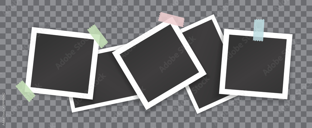 Collage of blank photographs with stickers isolated on transparent background. Vector mockup of white square and rectangle photoframes glued with colored scotch tape