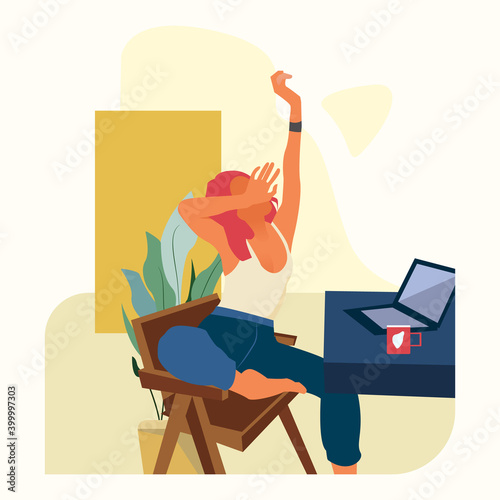 Woman in the morning at her workplace with laptop on the desk. Remote work, home office. Working in distance. Editable vector illustration
