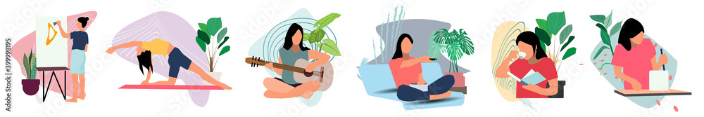 Stay at home, hobbies. Painting, yoga, Playing guitar, watching tv, reading book and cooking concept series. Spend time in quarantine. Editable vector set.